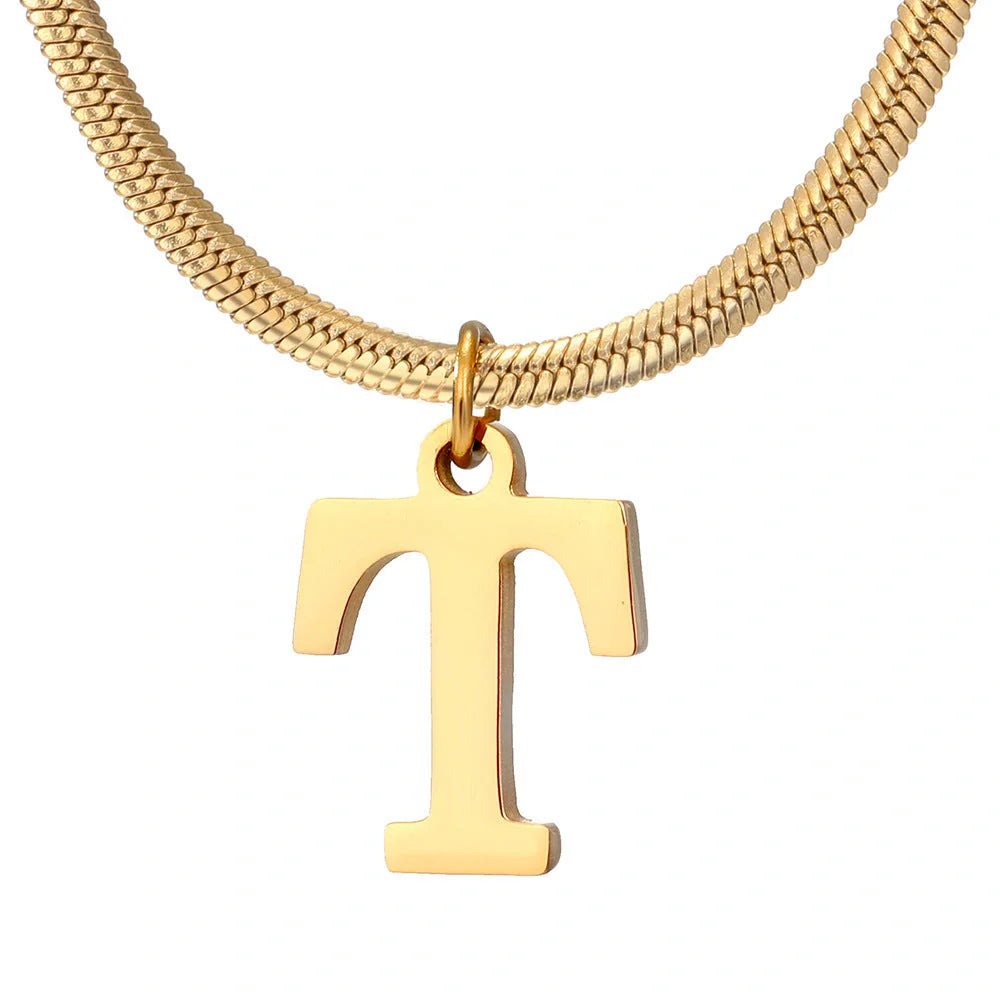 Elegant gold A-Z letter pendant necklace on a snake chain