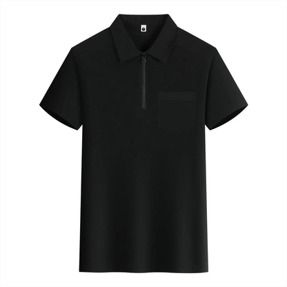 Short sleeve nylon advertising shirt with zipper pockets on lapels in silver fox grey colour
