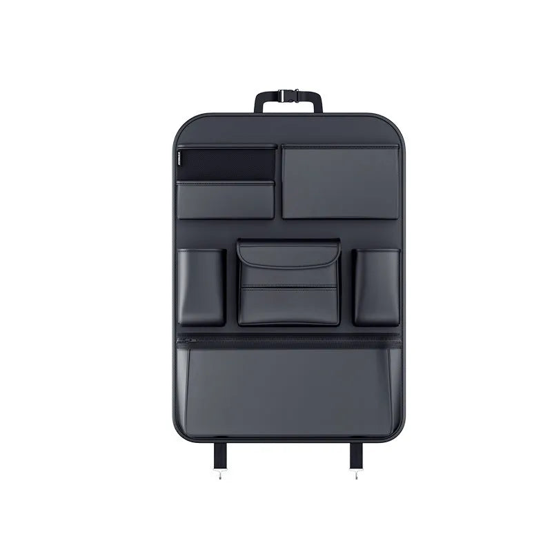 Black leather car seat back storage hanging bag with carrying handle