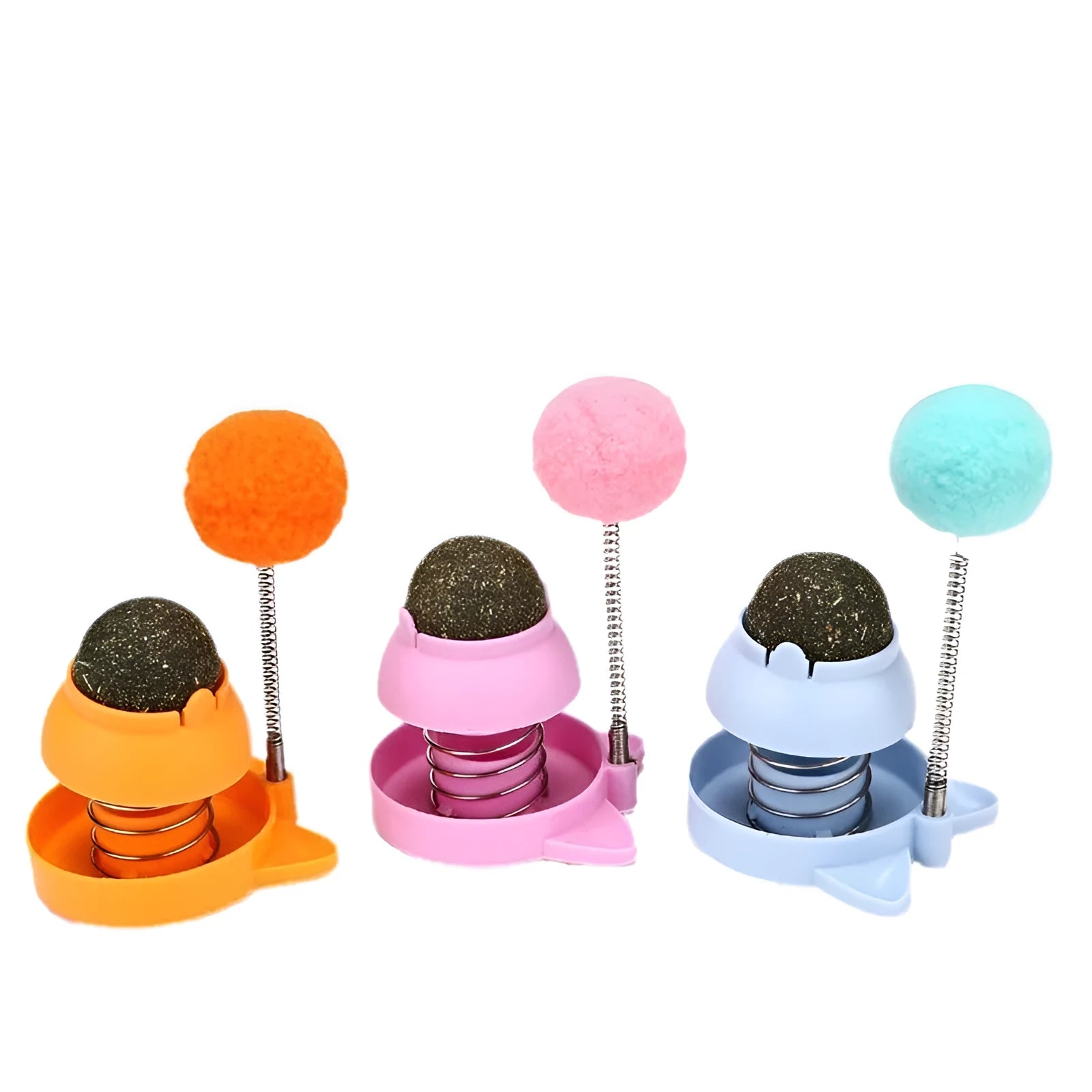 Blue, orange, and pink 55mm lickable mint ball cat toy for dental care and boredom relief.