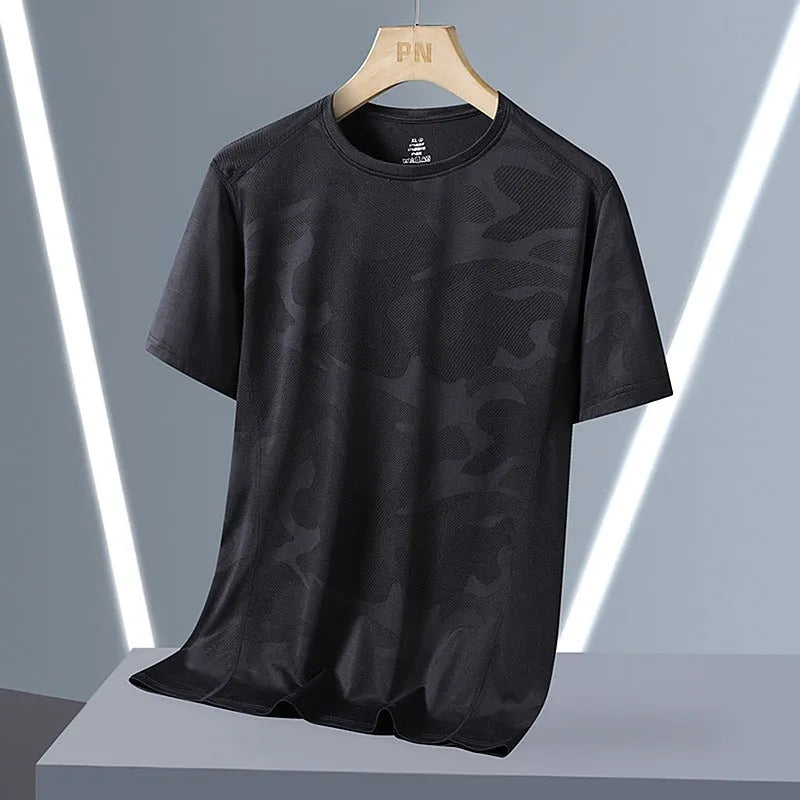 Men's camouflage pattern quick-dry summer top in nylon fabric with round neck and short sleeves