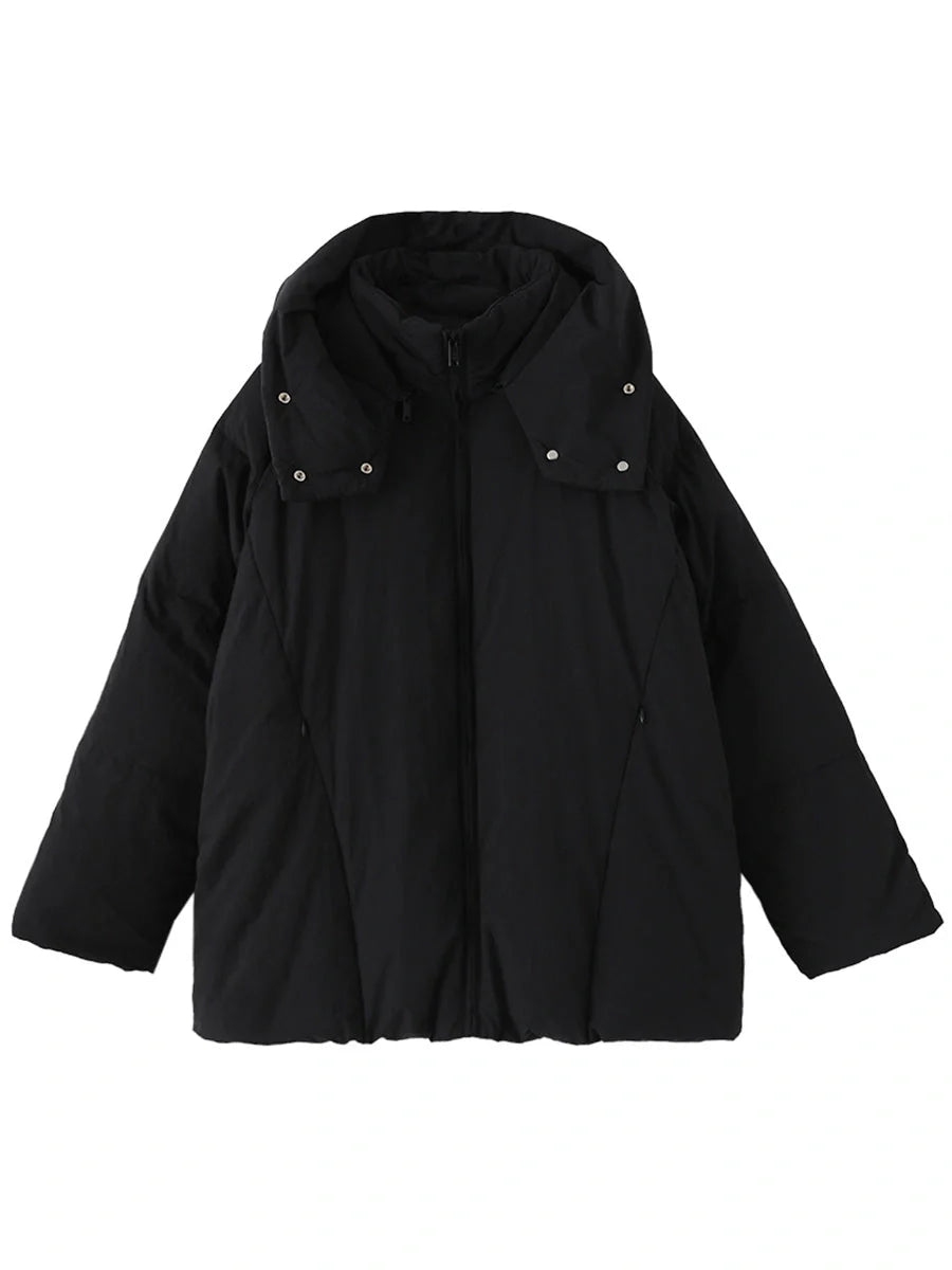 Stylish duck down jacket with detachable hood in black and khaki