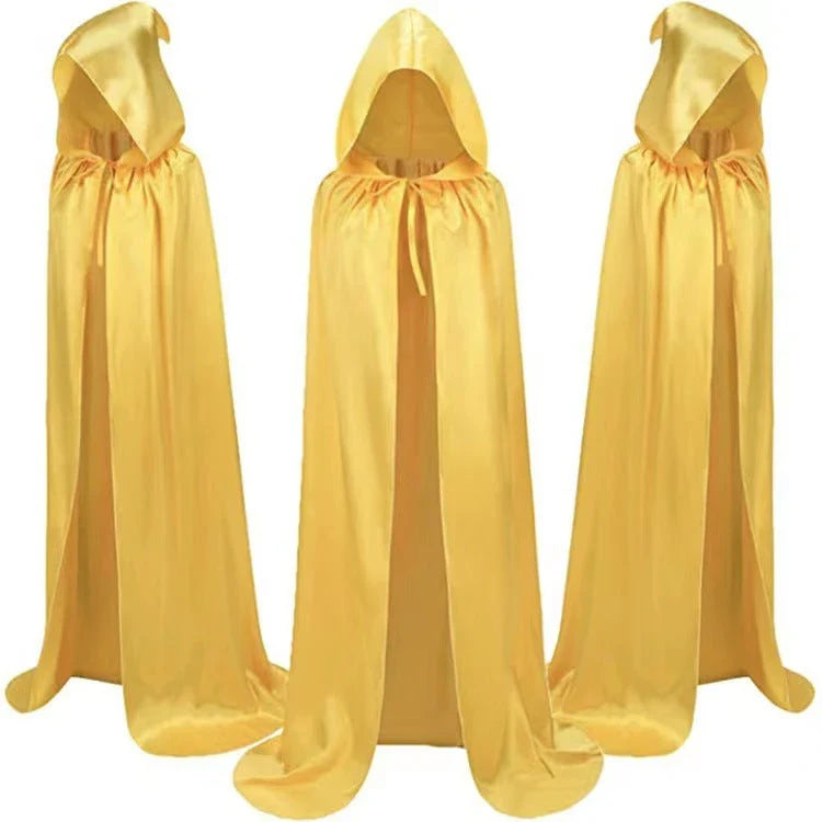 Premium hooded wizard cloaks in black, gold, and purple for enchanting Halloween costumes and dress-up