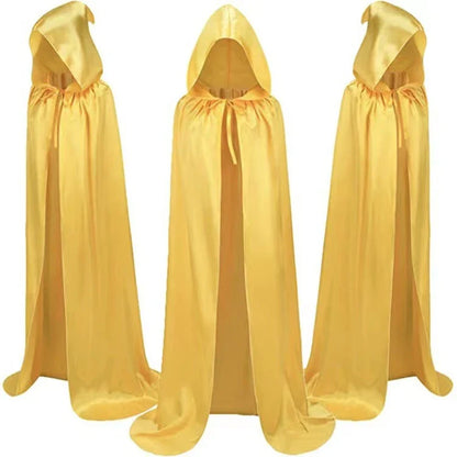 Premium hooded wizard cloaks in black, gold, and purple for enchanting Halloween costumes and dress-up