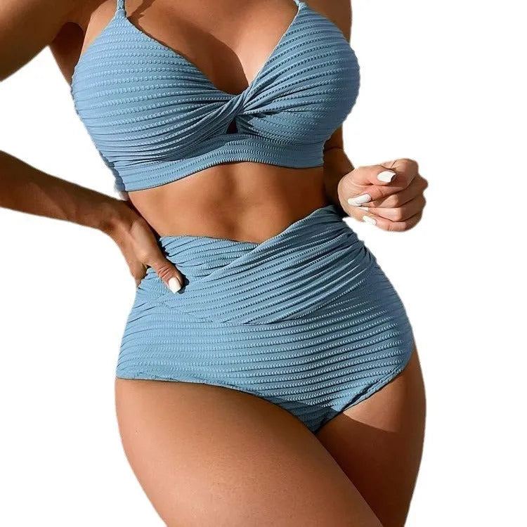 Women's solid colour polyester bikini two-piece swimsuit set showing available colours