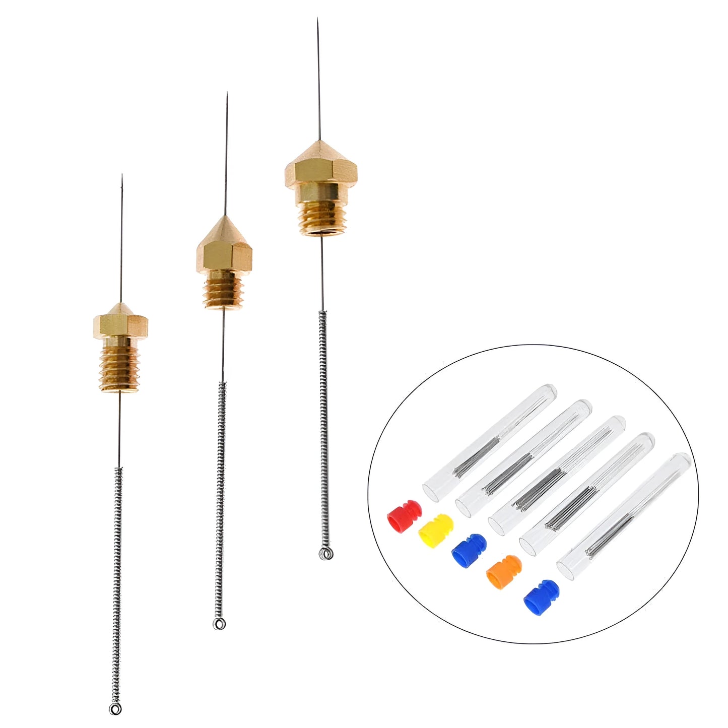 Ten brass nozzle cleaning needles for Mk8 E3D 3D printers with diameter options from 0.2mm to 0.4mm
