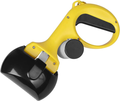 A black ABS plastic pooper scooper with a built-in waste bag holder and a top carrying hook.