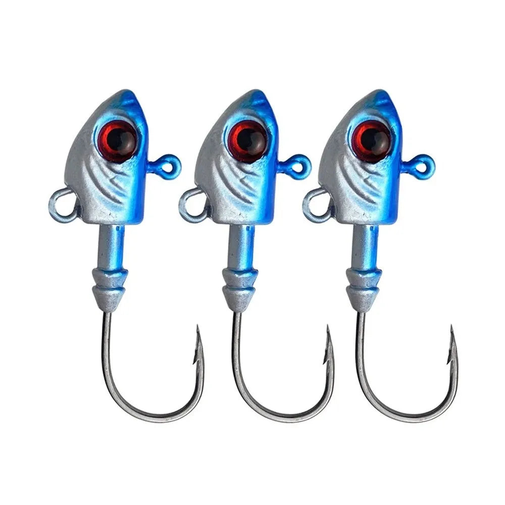 Yayu shaped lead head fishing hooks in blue, silver, and yellow with weight options from 3.5g to 28g