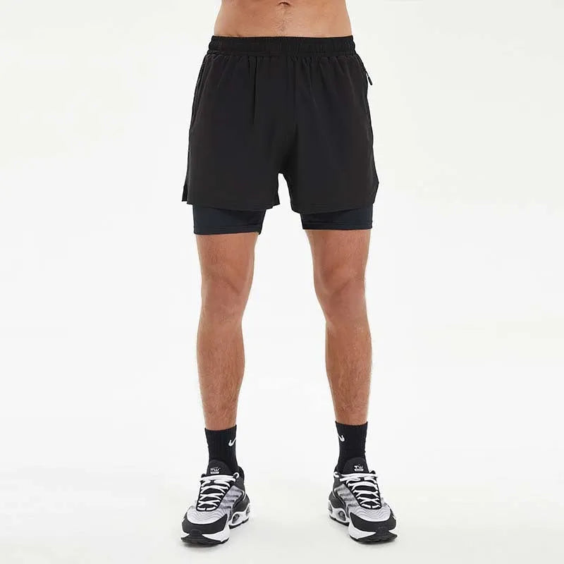 Men's black quick-dry running shorts with built-in liner for summer fitness