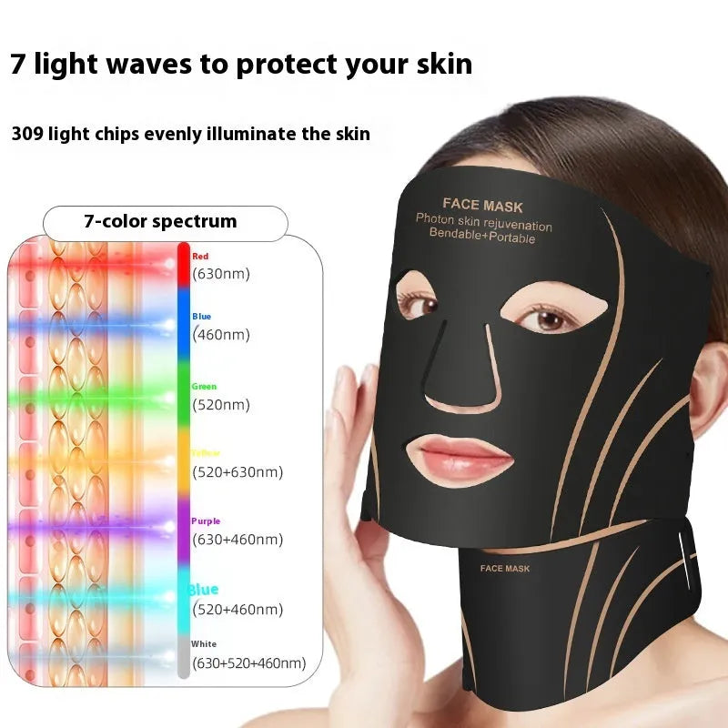 Black gold hard shell IPL and LED red light facial mask beauty device with headband.