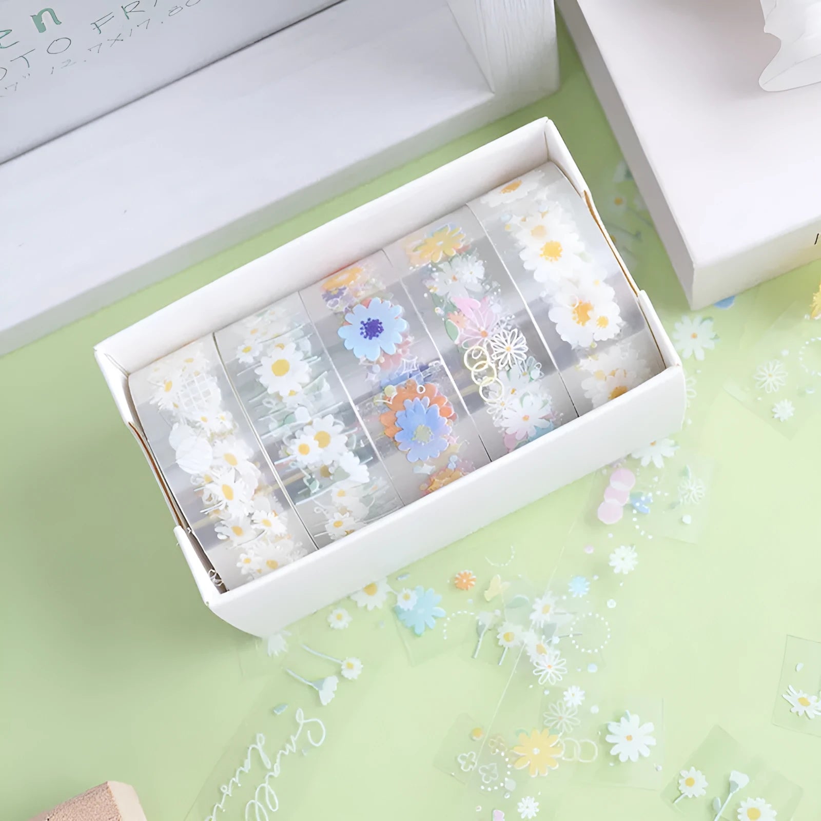 Five rolls of transparent adhesive tape with Midsummer Daisy cartoon pattern for diary decoration