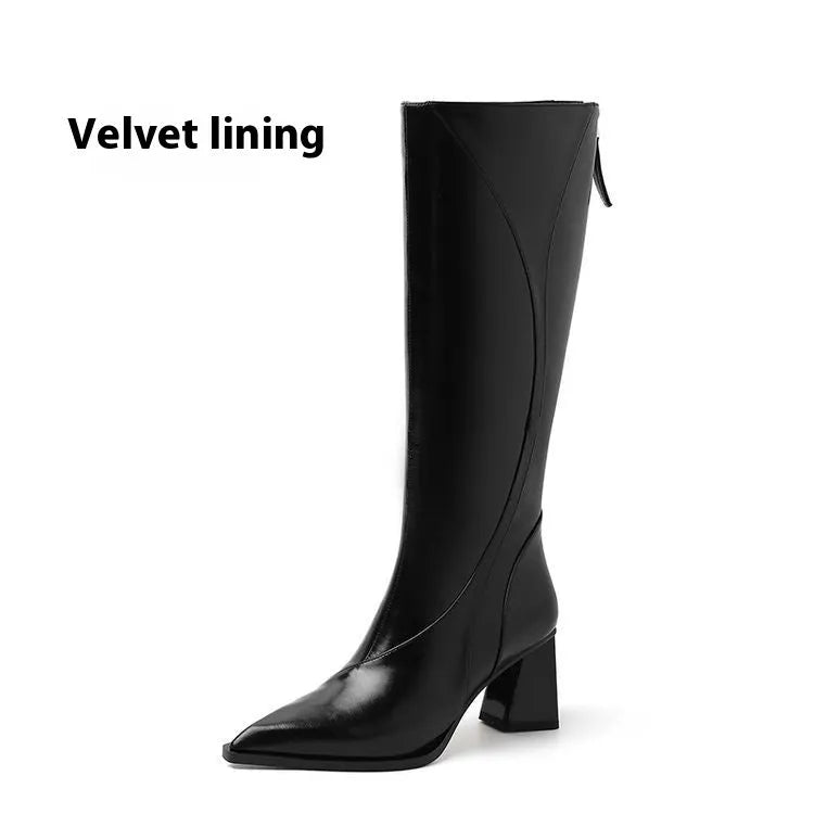 Women's black retro high heel riding boots with a waterproof platform and cowhide upper.