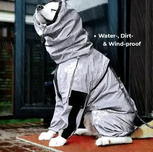 Waterproof polyester dog raincoat with reflective elements, available in sizes M to 5XL.