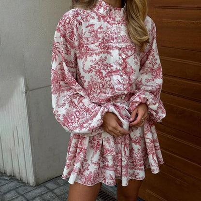 Stylish women's ink print A-line dress with puffy sleeves and lapel tie in various colours