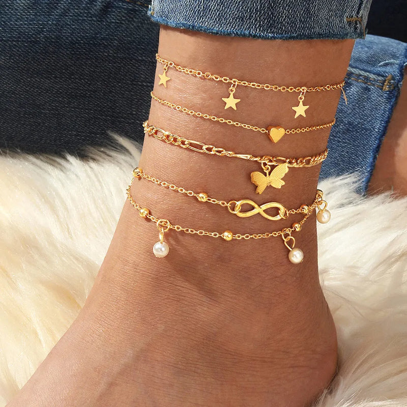 Butterfly Love anklet set of 4 pieces alloy foot chain jewellery for women simple style multi-layer design European and American market popular accessory