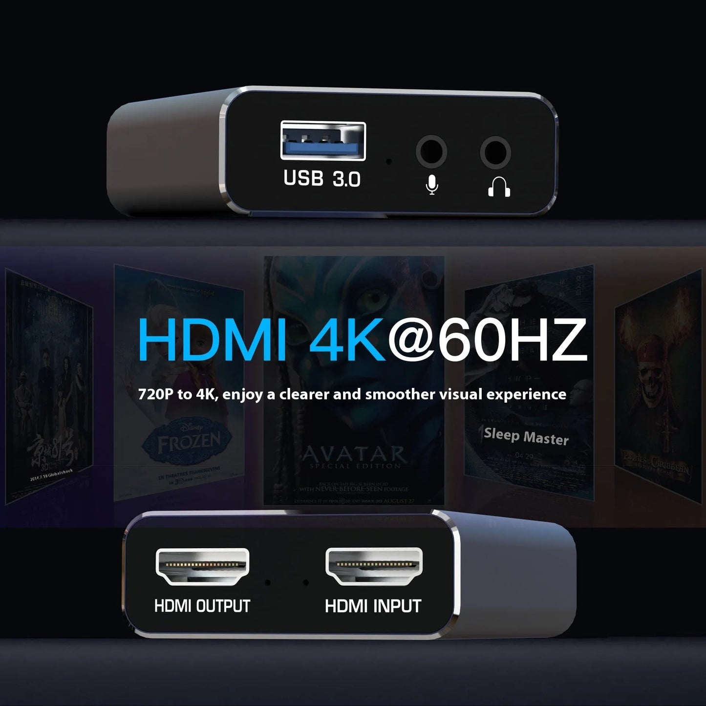 Black 4K gaming set-top box with MS2131 chip for 1080p recording and audio capture