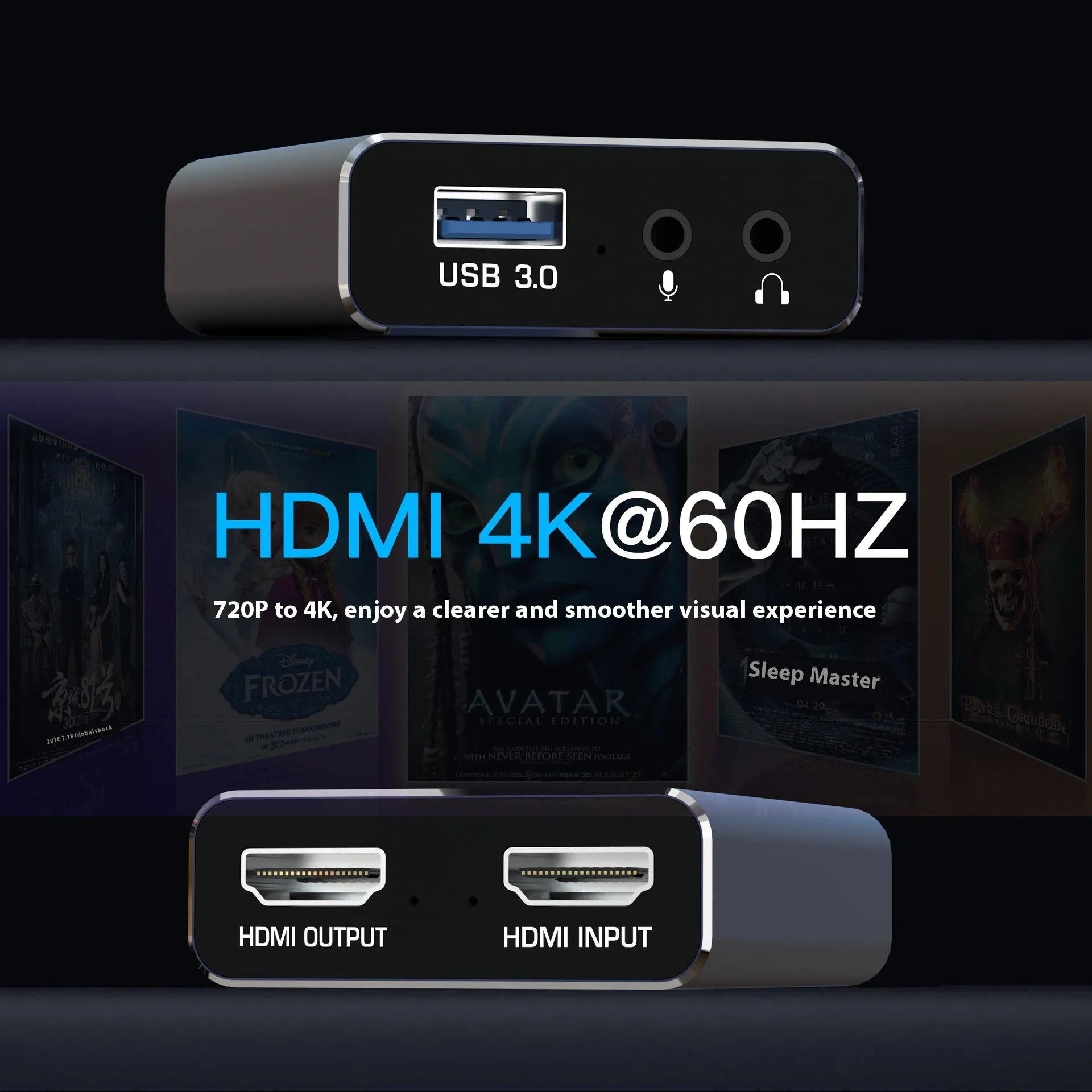Black 4K gaming set-top box with MS2131 chip for 1080p recording and audio capture
