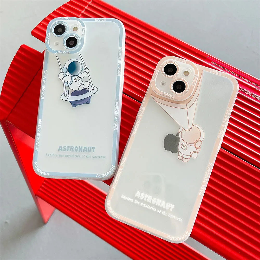 Transparent silicone iPhone case with blue astronaut print, showing compatibility with iPhone models.