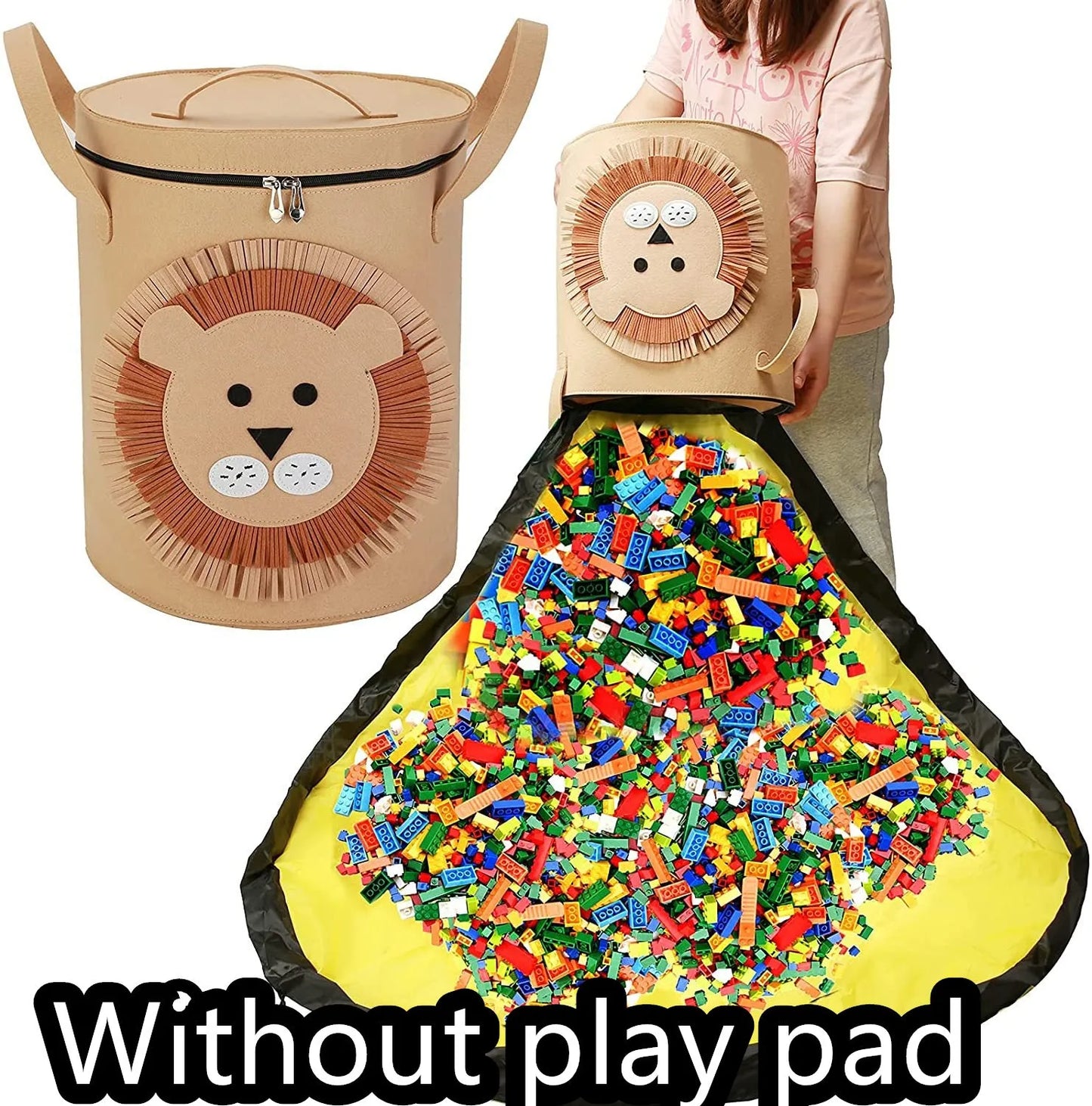 Green felt storage cube with pull rope unfolded flat to show 35cm square waterproof play mat