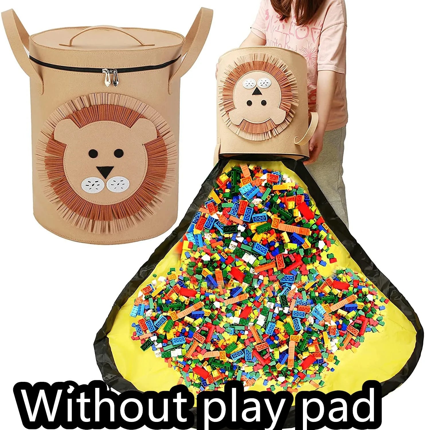 Green felt storage cube with pull rope, unfolded flat as a square play mat next to toys.
