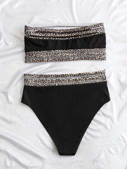 Black strapless bikini with leopard pattern splicing, showing bra and shorts set.