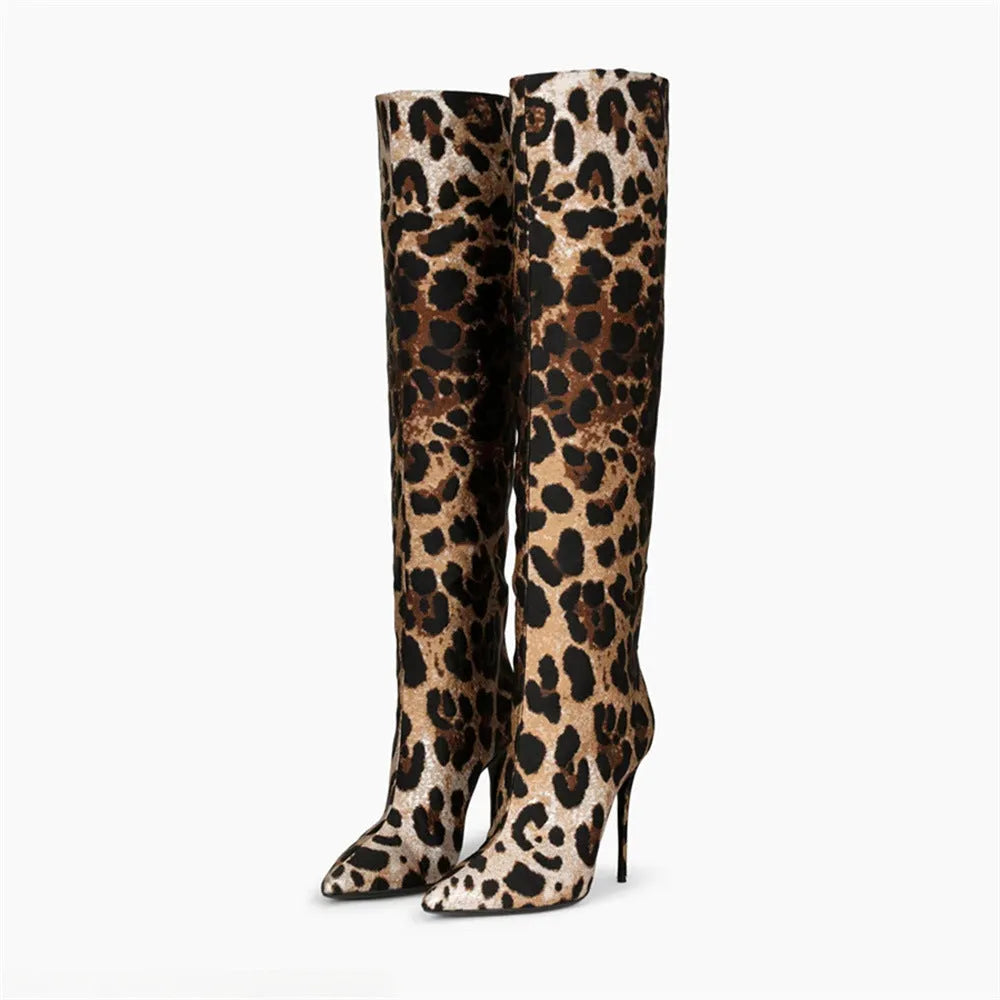 Women's pointed stiletto heel boots in leopard print with side zipper and high cylinder shaft.
