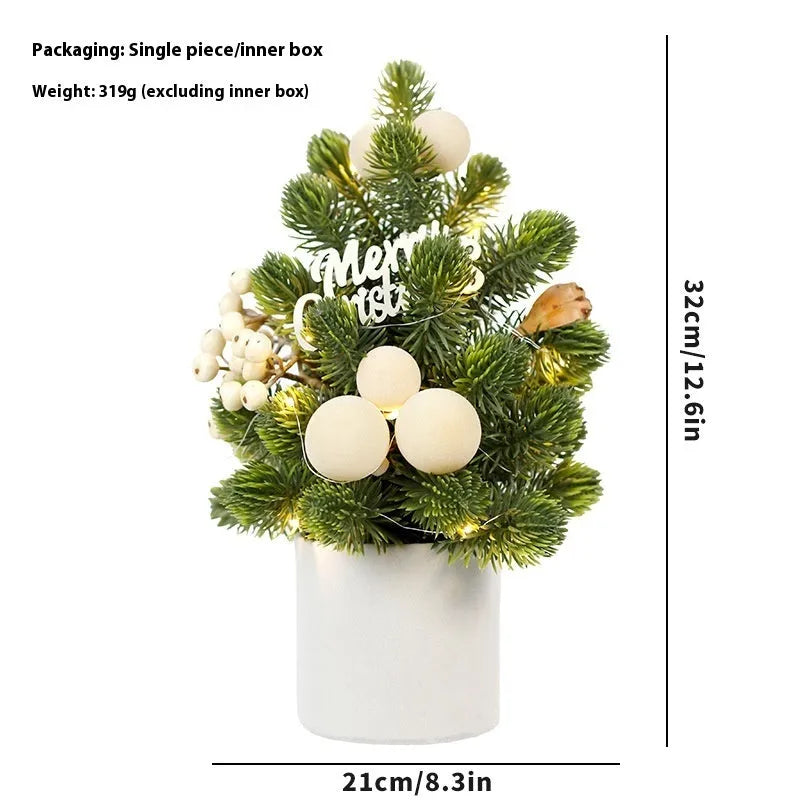 32cm tall desktop Christmas tree with LED-lit pine cone ornaments in red, champagne, or dark brown.