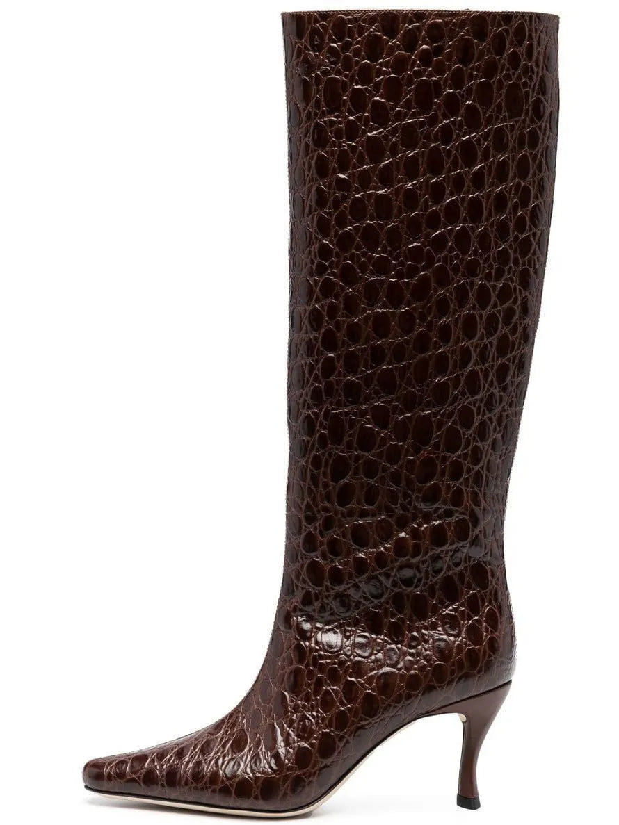 A pair of women's black square-toe cowboy boots made from microfiber leather.