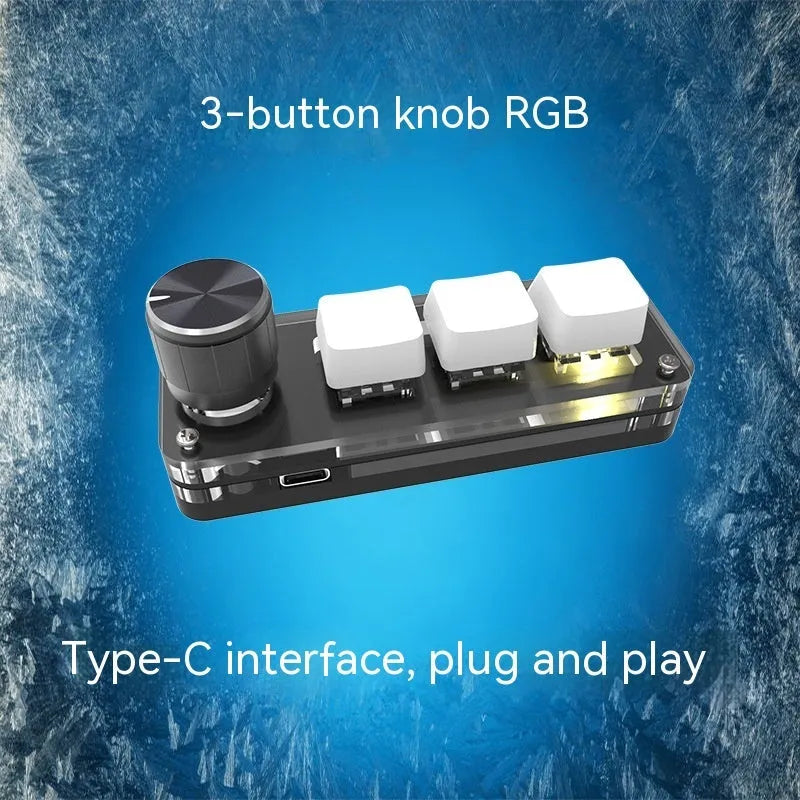 Custom USB mini keyboard with programmable keys and RGB backlight, featuring copy and paste function keys, compact 15cm x 10cm x 4cm design in black or white ABS plastic construction for desktop efficiency and custom macros
