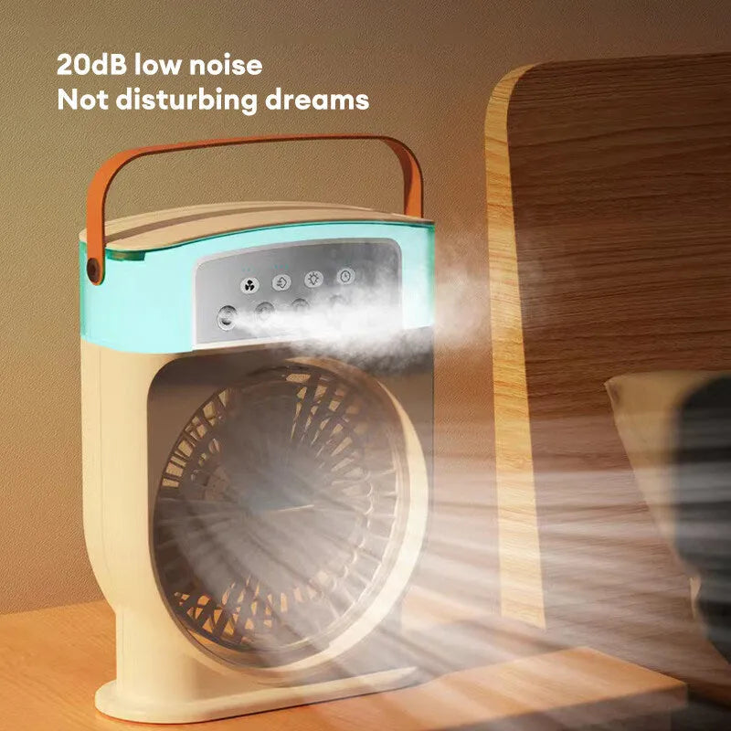 Black portable USB air cooler fan with adjustable head, leather handle, and removable water tank on a desk.