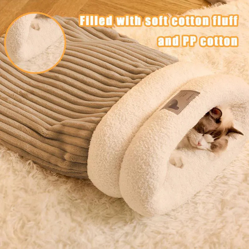Semi-enclosed plush pet sleeping bag in brown, grey or white, sizes L and M