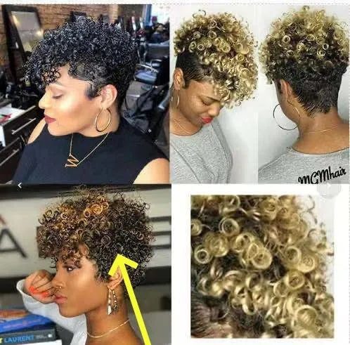 Women's short synthetic wig in simple rolls exotic style, shown in black, brown, gold, and grey colour options.