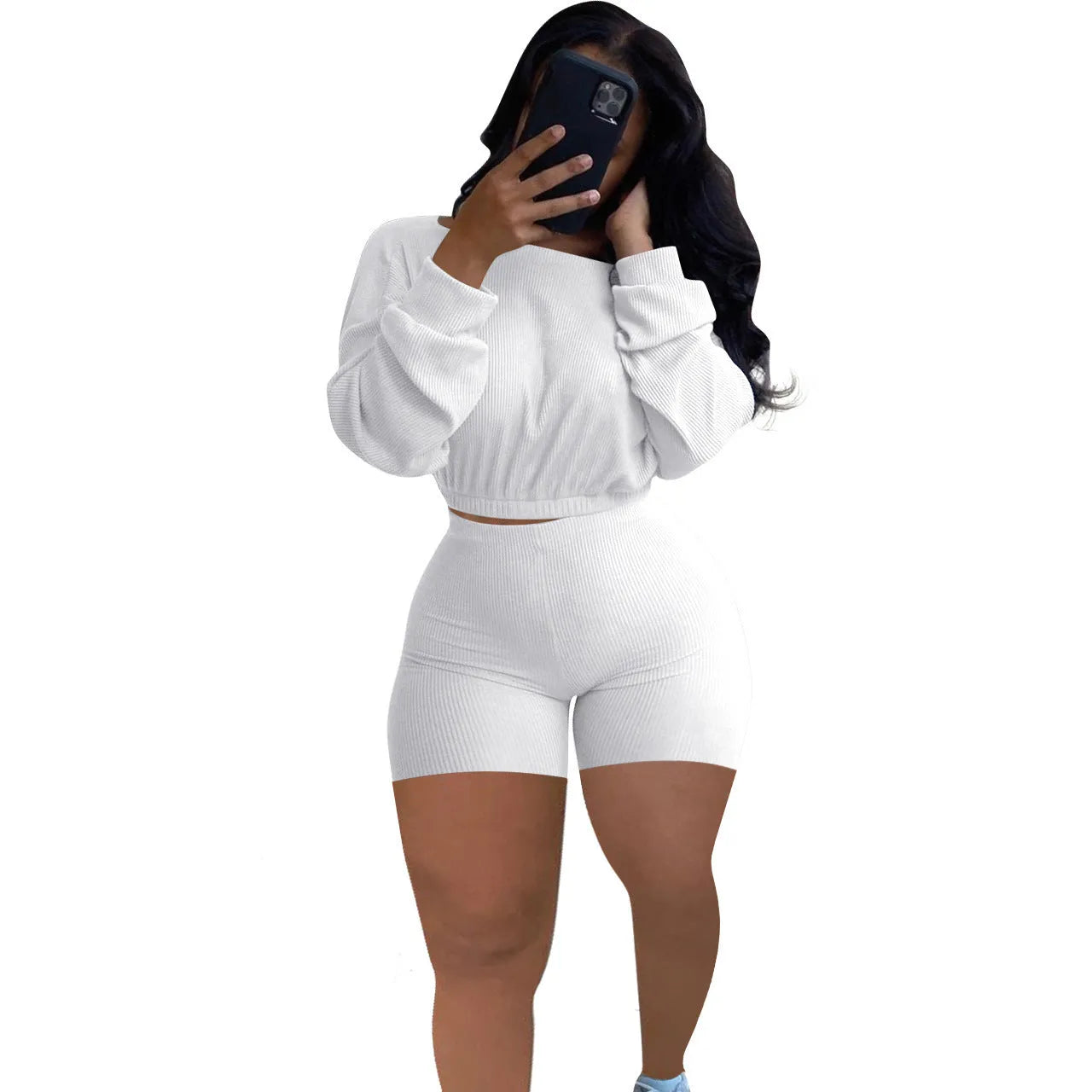 Women's sunken stripe off-the-shoulder two-piece set with long sleeves and matching shorts