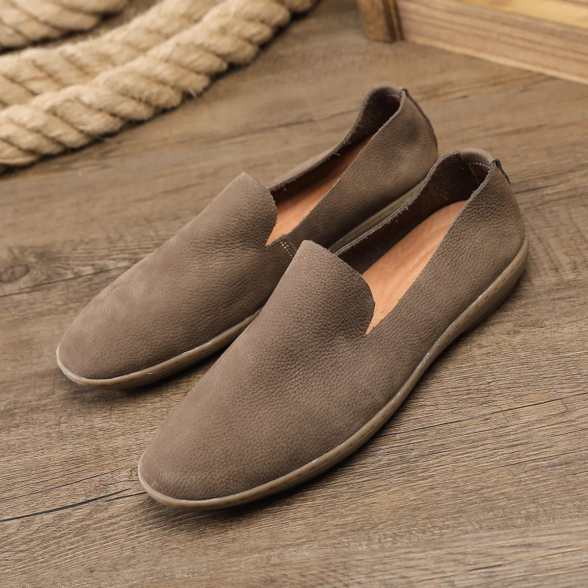 Men's handmade leather casual shoes in khaki colour with low top design and rubber sole