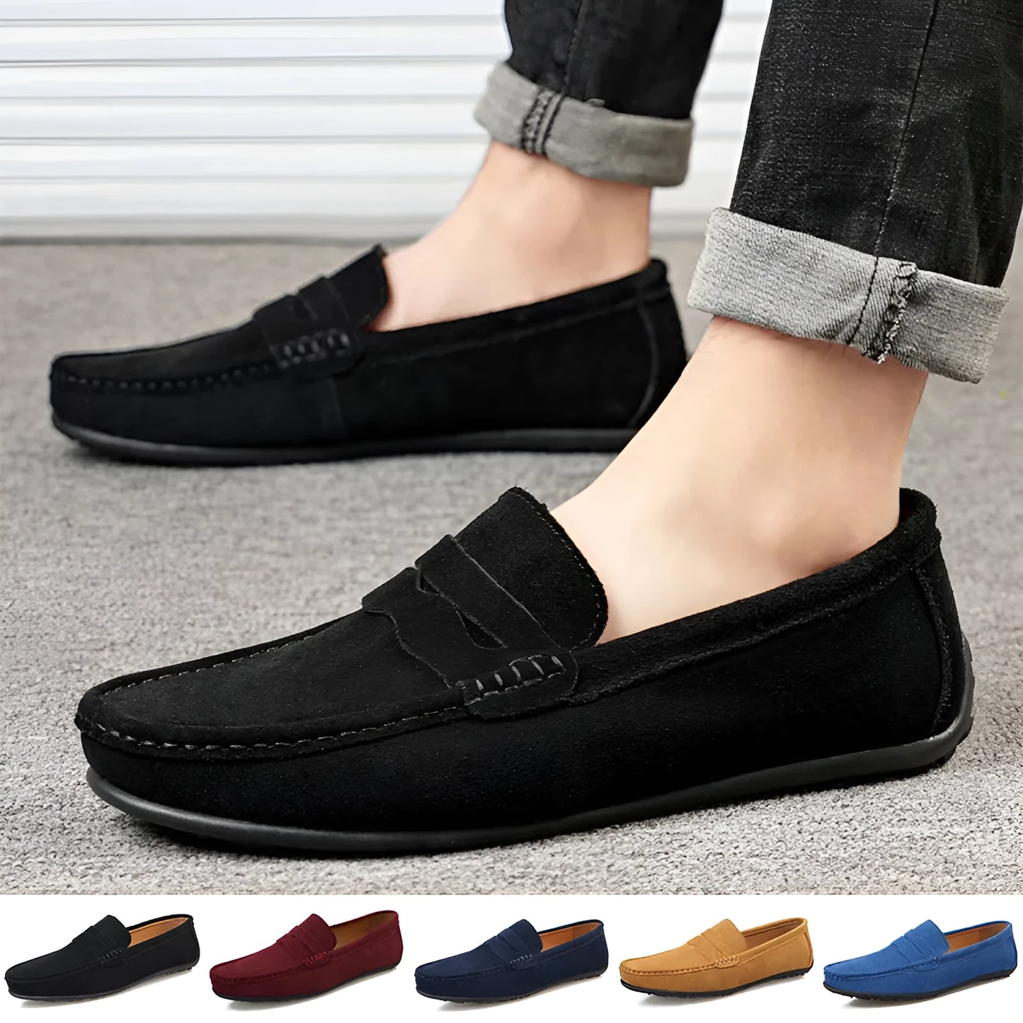 Men's solid colour suede slip-on loafers with round toe and flat rubber sole