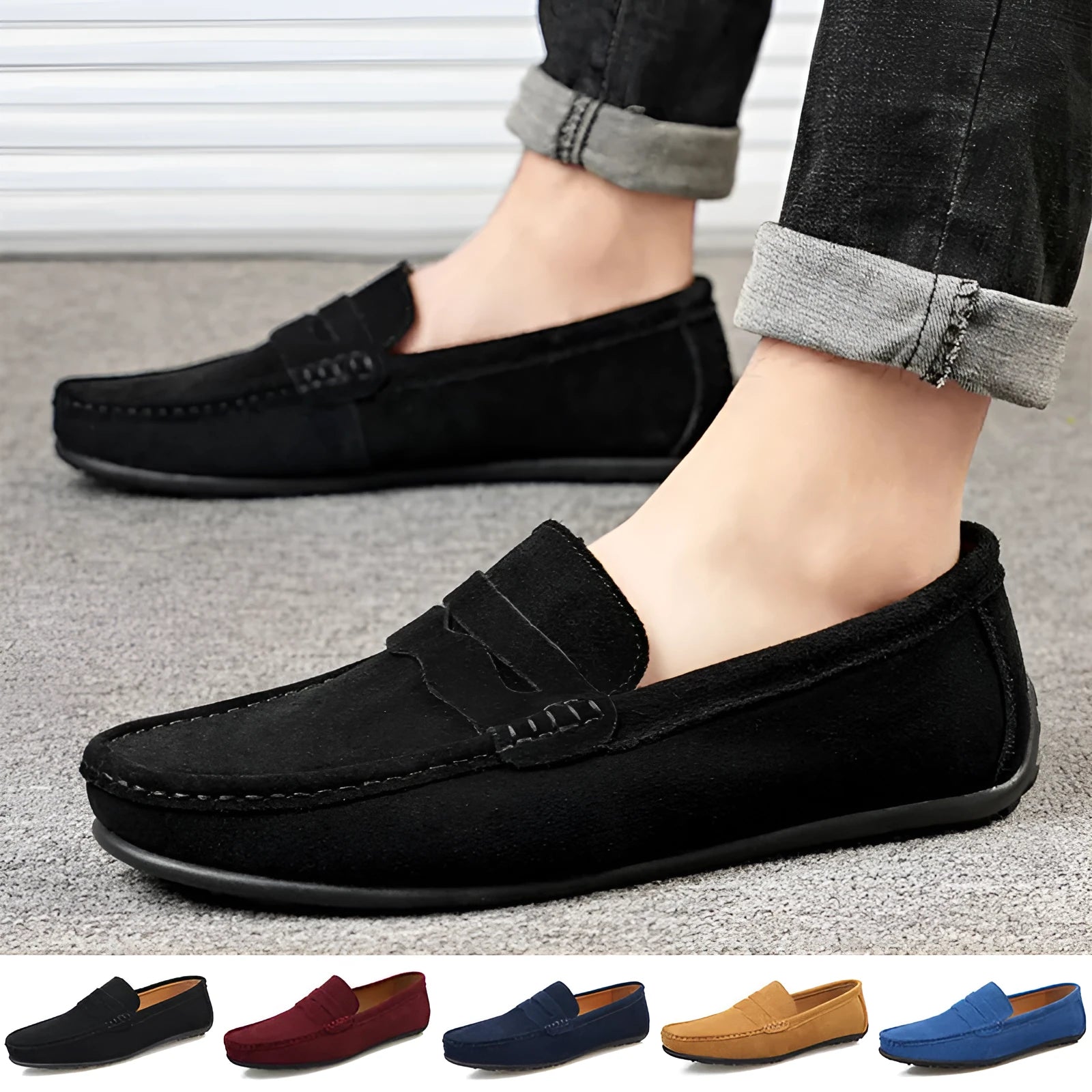 Men's solid colour suede slip-on loafers with round toe and flat rubber sole