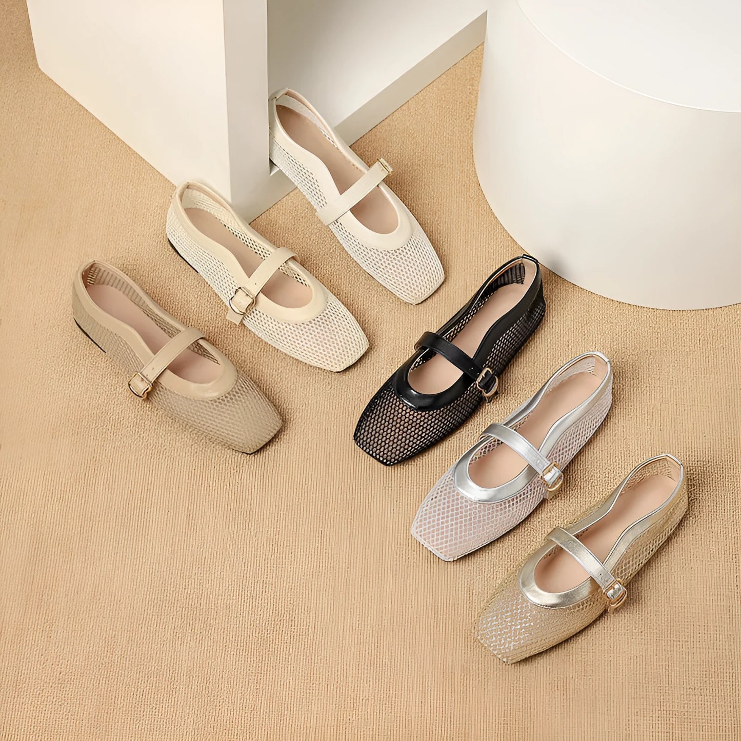 Women's beige mesh hollow out pumps with buckle fastening and square toe on a flat sole.