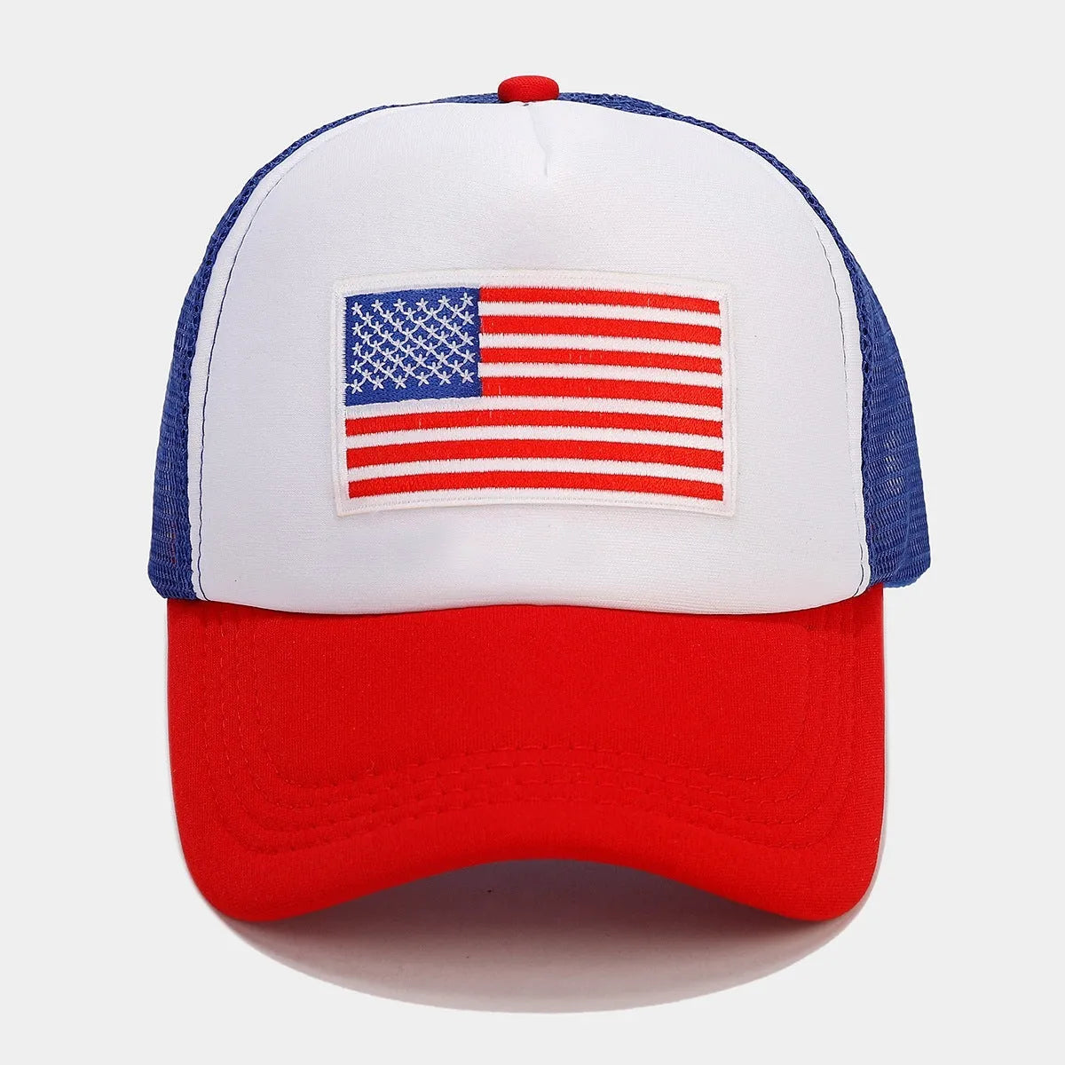 Red and blue contrasting colour breathable mesh baseball cap with adjustable strap