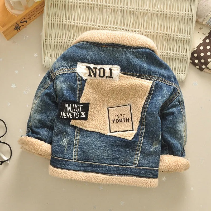 Children's denim jacket with faux fur collar, plus velvet lining, square collar, denim blue, Korean style, sizes 90-140cm
