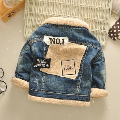 Children's denim jacket with faux fur collar, plus velvet lining, square collar, denim blue, Korean style, sizes 90-140cm