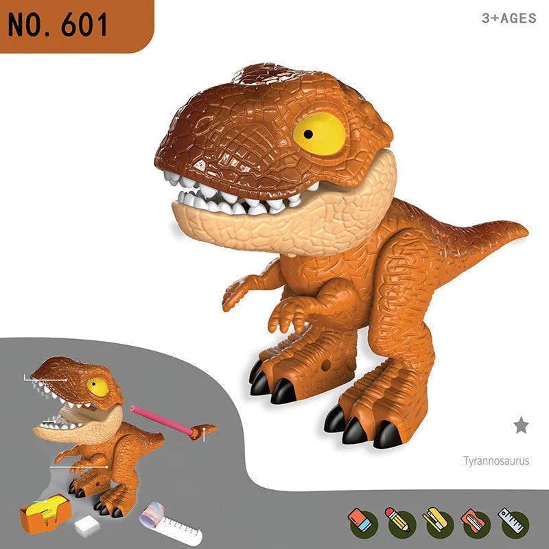 Transformative dinosaur-themed stationery set with movable joints and integrated school supplies