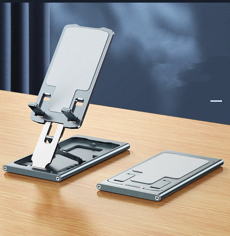 Aluminum alloy mobile phone stand in grey, rose gold, silver, and blue, adjustable angle for desktop use