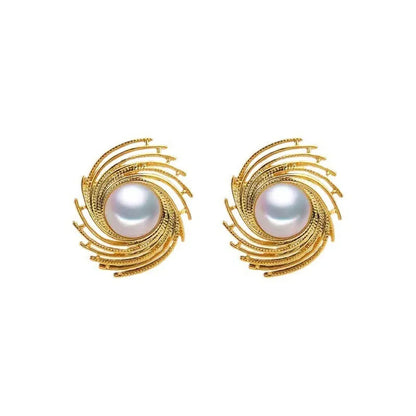 Pearl flower earrings with electroplated alloy construction and irregular vintage design