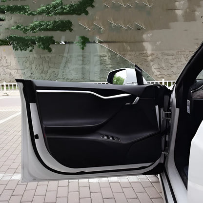 Carbon fibre protective film for Tesla Model S car doors showing four-piece set for front and rear door coverage
