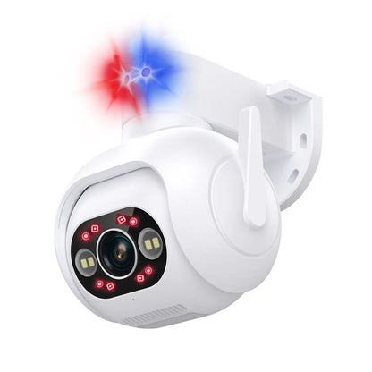 White smart security camera with wall mount bracket and 4mm lens for indoor and outdoor use.