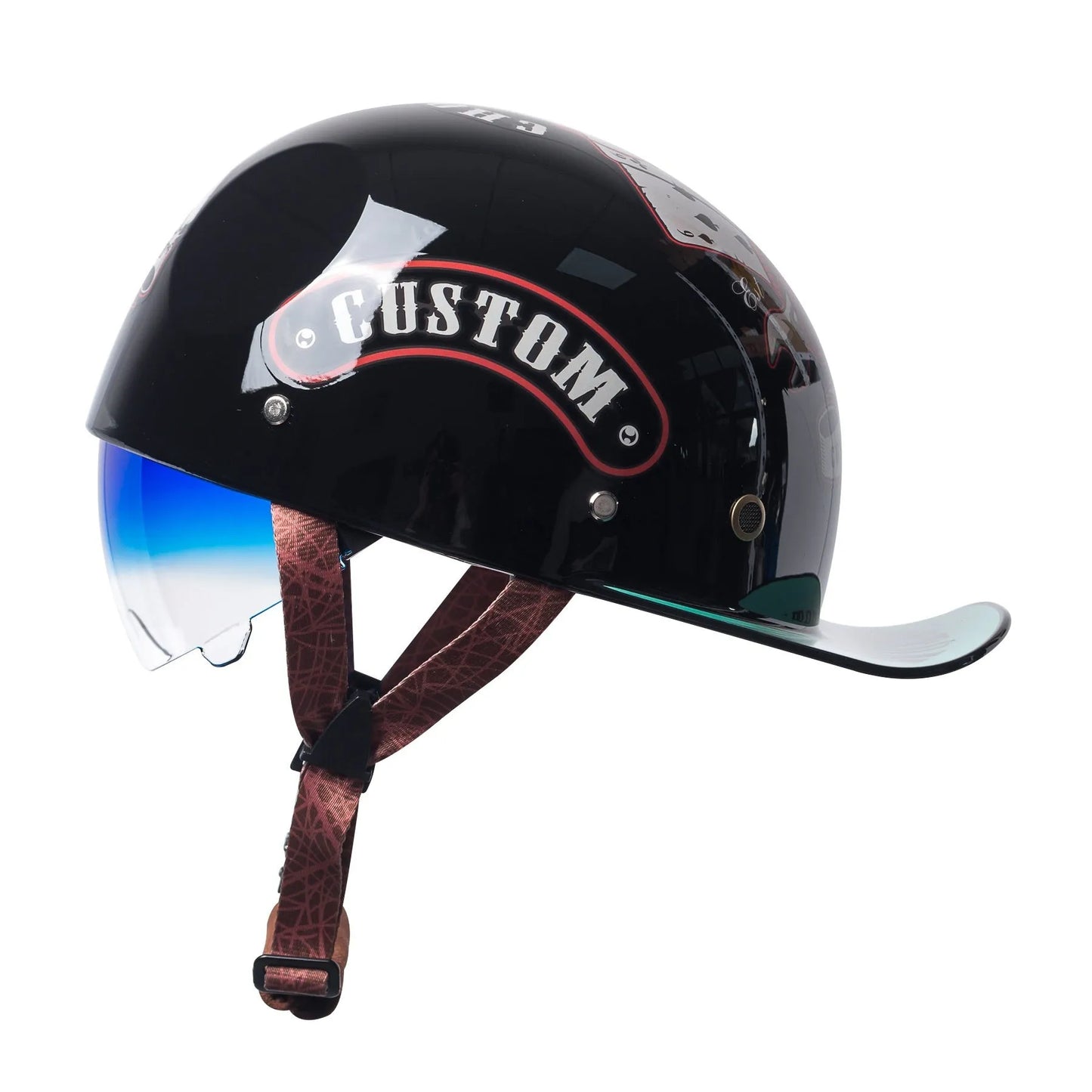 Electric bicycle helmet with retro half design in bright black gradient blue colour, showing ABS material construction and gradient lens