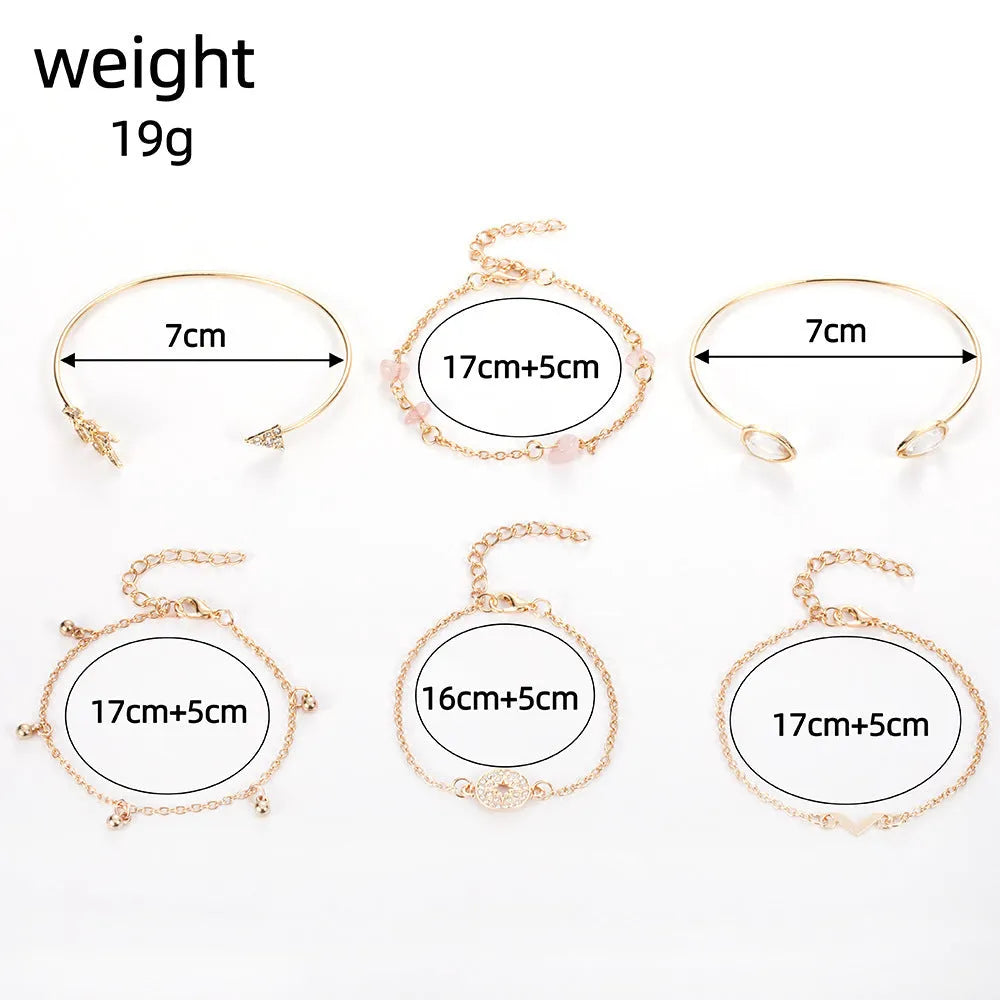 Six golden spot drill bracelets with arrow, water drop and V-shaped pendants on zinc alloy chains