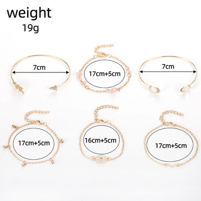 Six golden spot drill bracelets with arrow, water drop and V-shaped pendants on zinc alloy chains