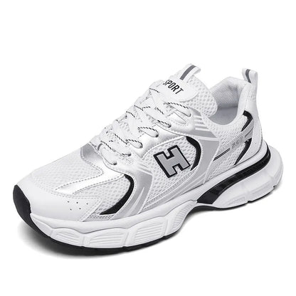 Men's mesh running shoes with plastic sole in black, white and grey, or white and orange colours