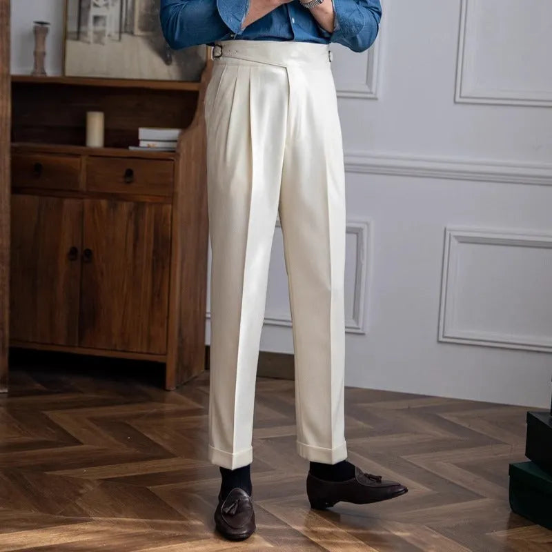 Men's high waist straight leg casual trousers in black, shown laid flat.